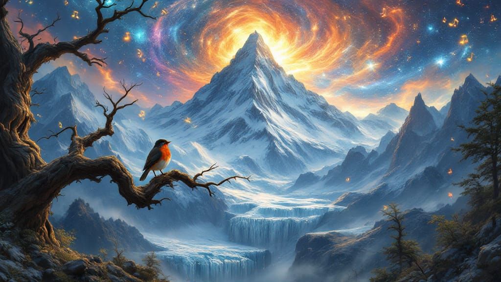 Robin Overlooking Ethereal Snow-Capped Mountains in Cosmic S...