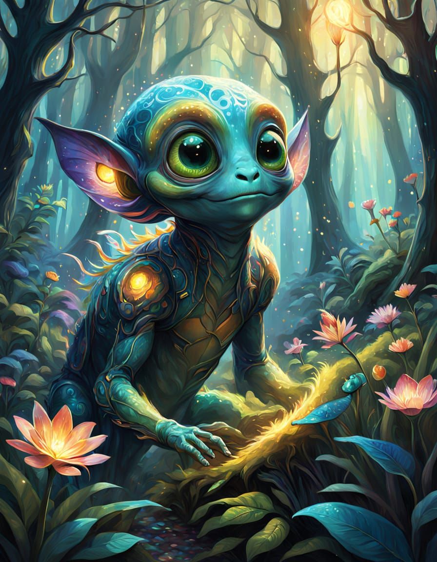 Whimsical Alien Creature in Enchanted Ghibli-Van Gogh Forest
