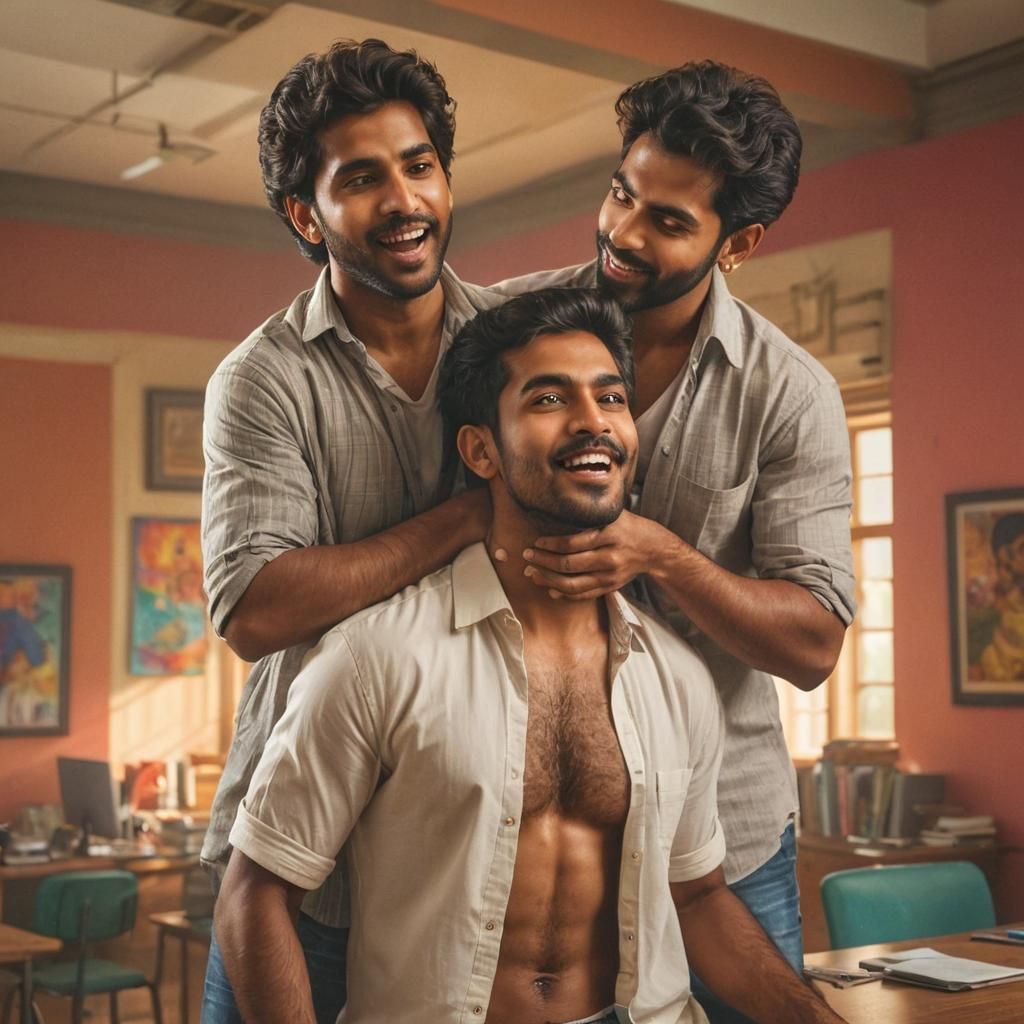 Affectionate Embrace: South Indian Men in Study Room