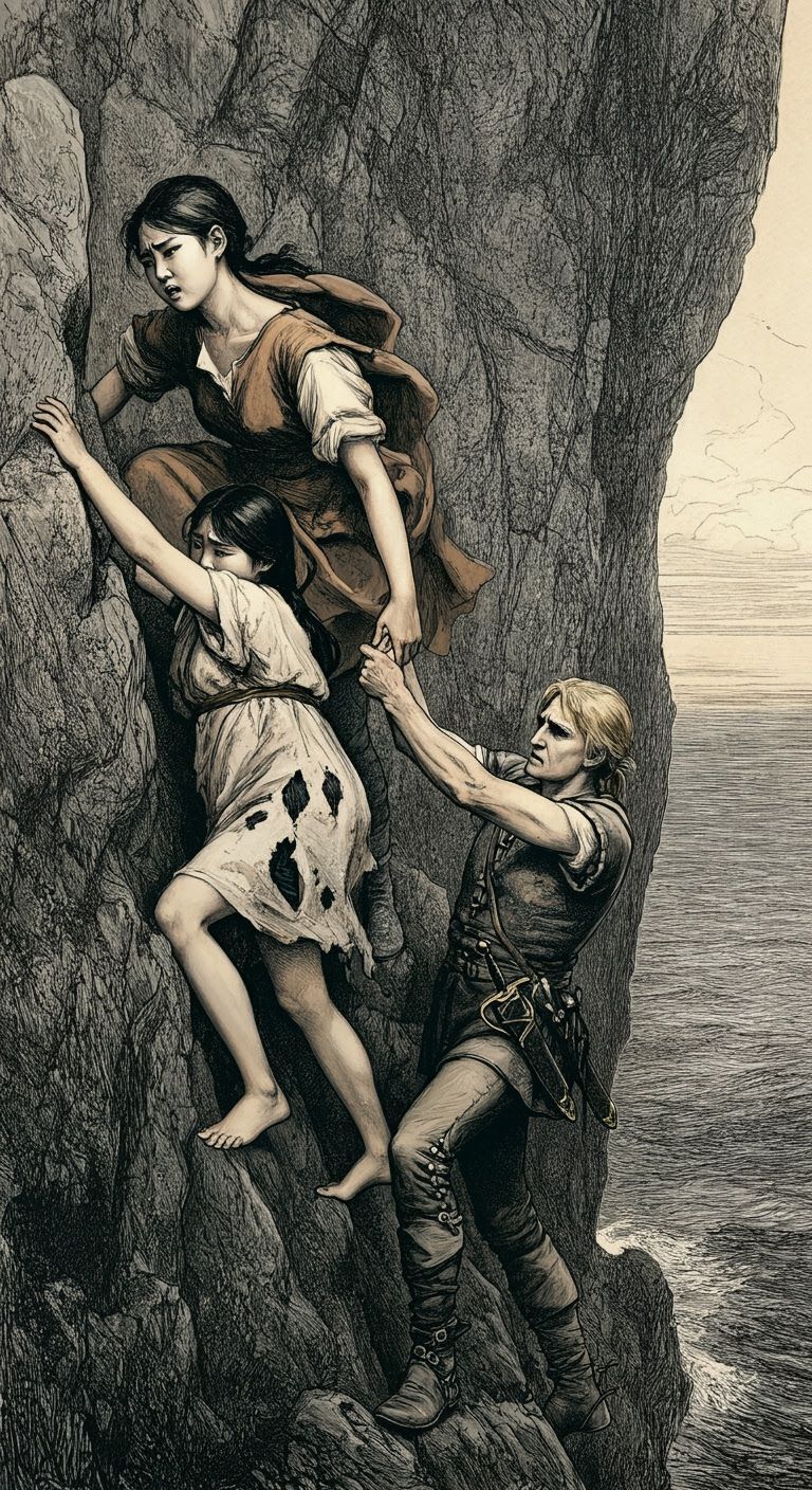 19th Century Etching of Figures Climbing Coastal Cliff