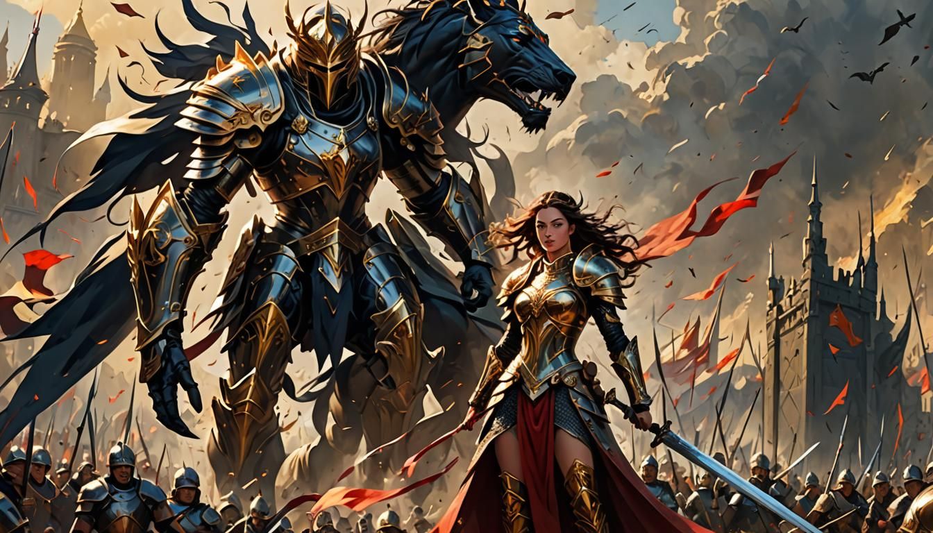 Fantasy epic war scene with the mighty queen leading from th...