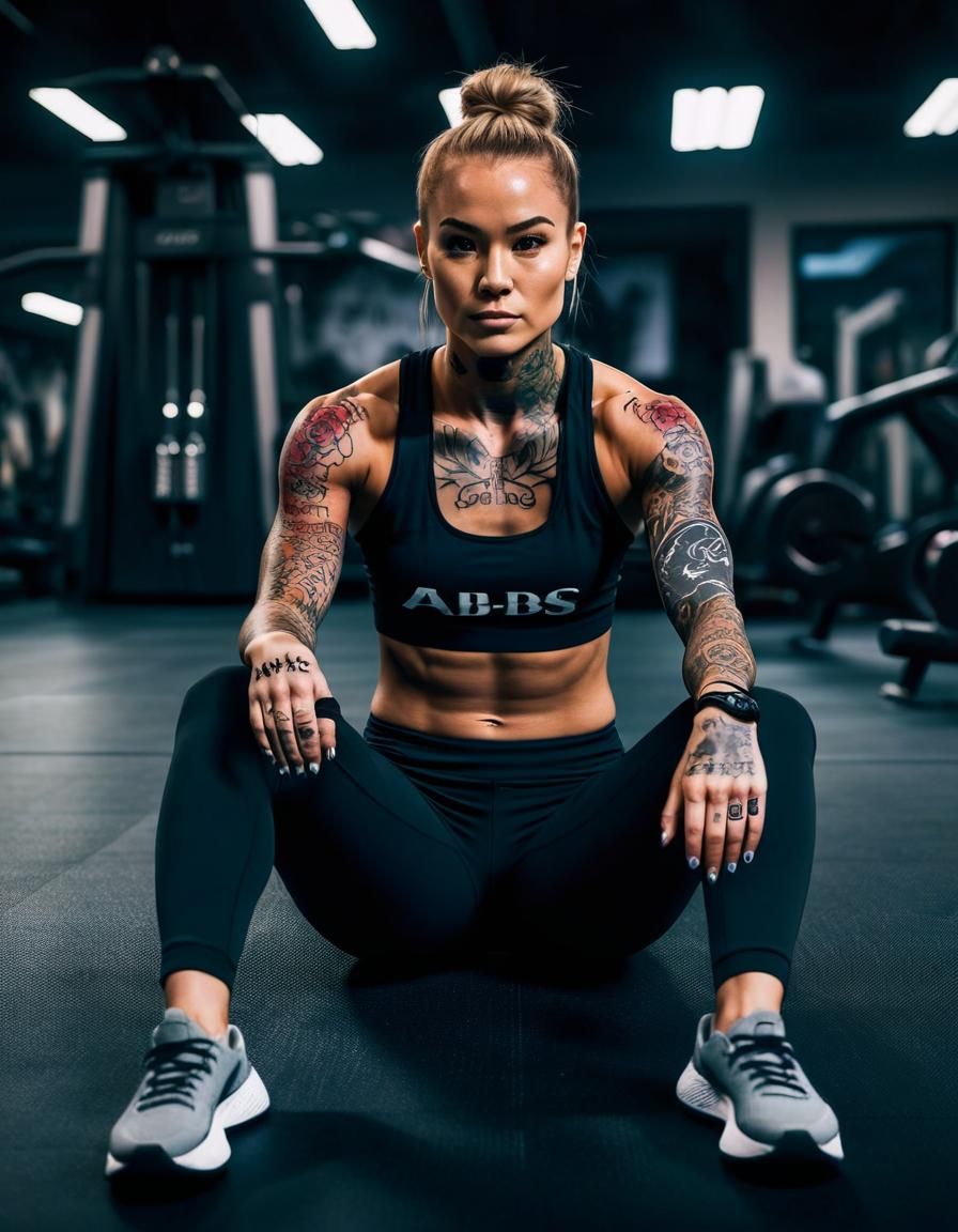 Sportswear Woman with Tattoo in Gym with Cinematic Lighting
