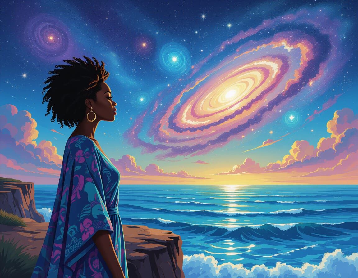 Cosmic Ocean View: Digital Painting with Graffiti Art