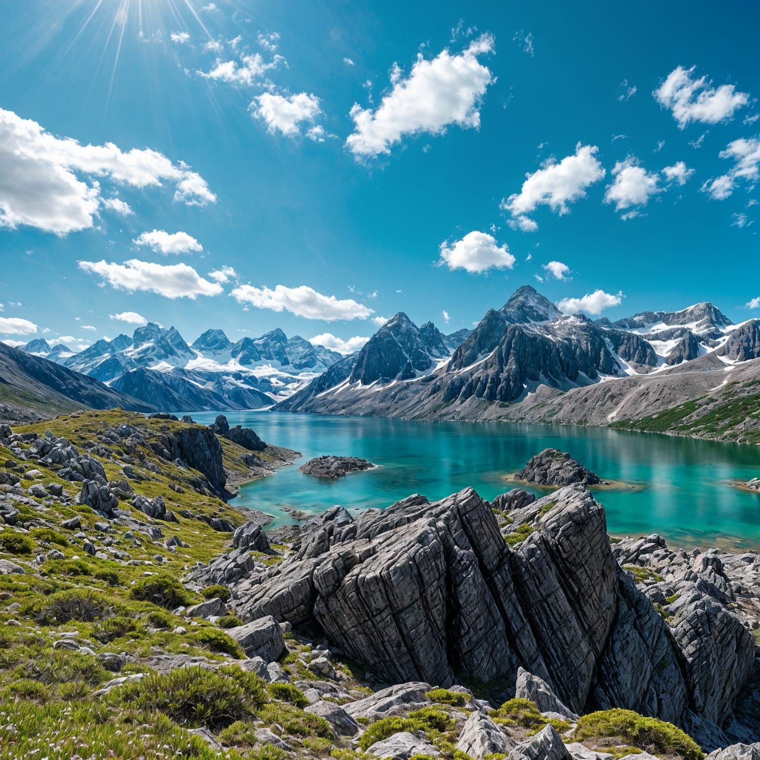 Stunning Alpine Lake Surrounded by Snow-Capped Mountains