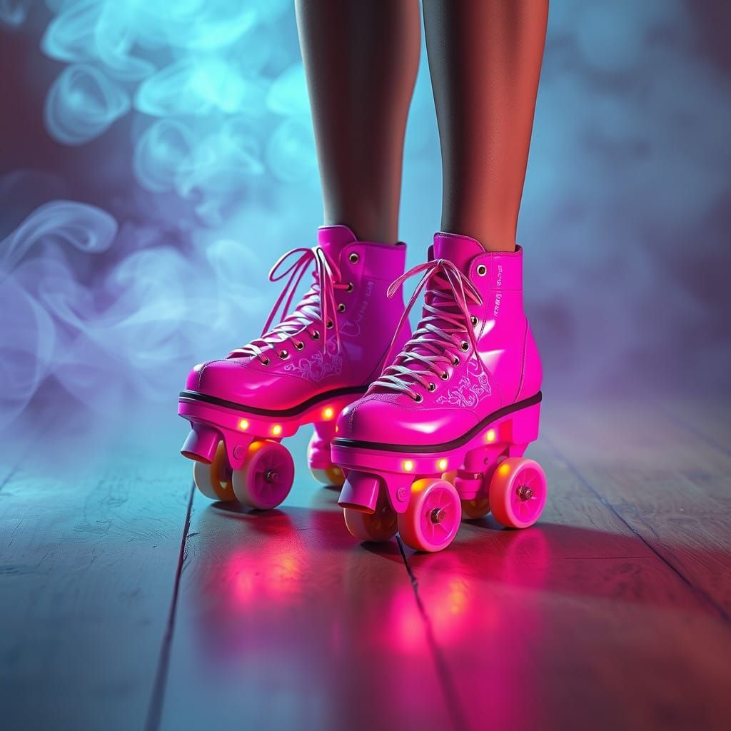 Vibrant Pink Roller Skates in Whimsical Dream Landscape