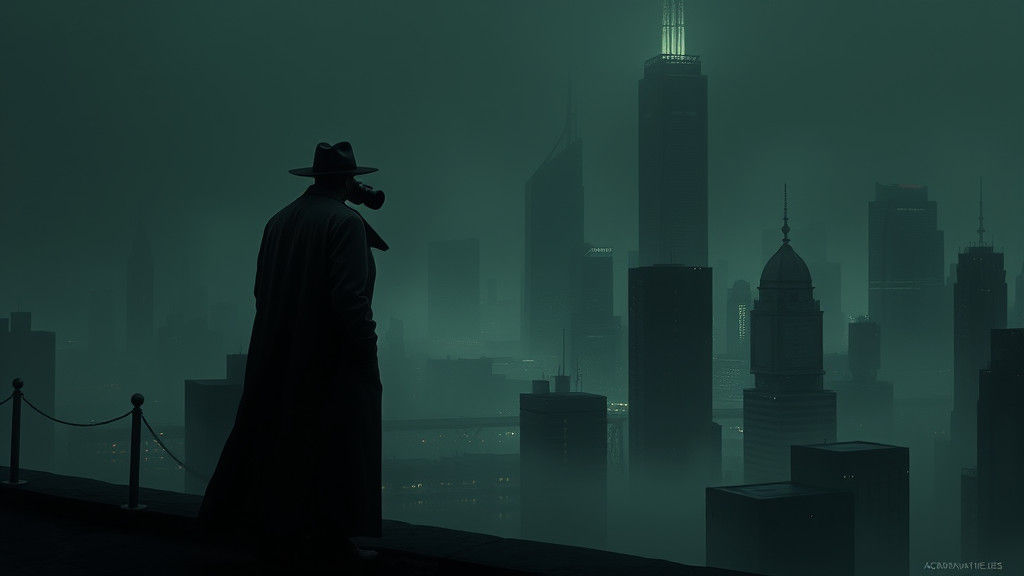 Eerie Cityscape with Lone Observer in Dystopian Style