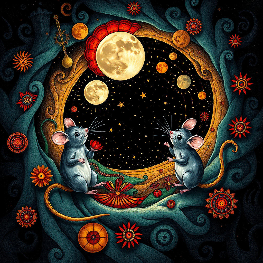 Whimsical Moon Mice Dance in Escher-esque Mosaic