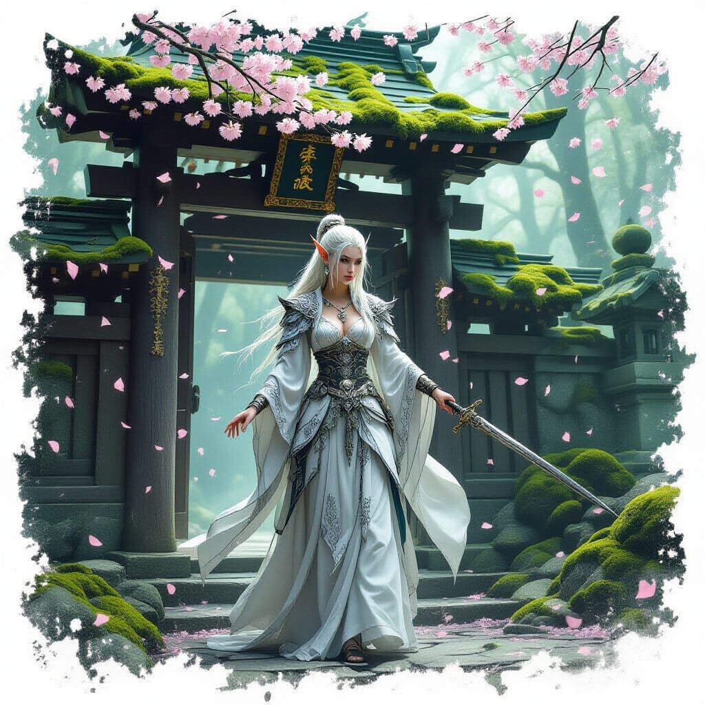 Ethereal Elven Warrior Guards Ancient Forest Shrine