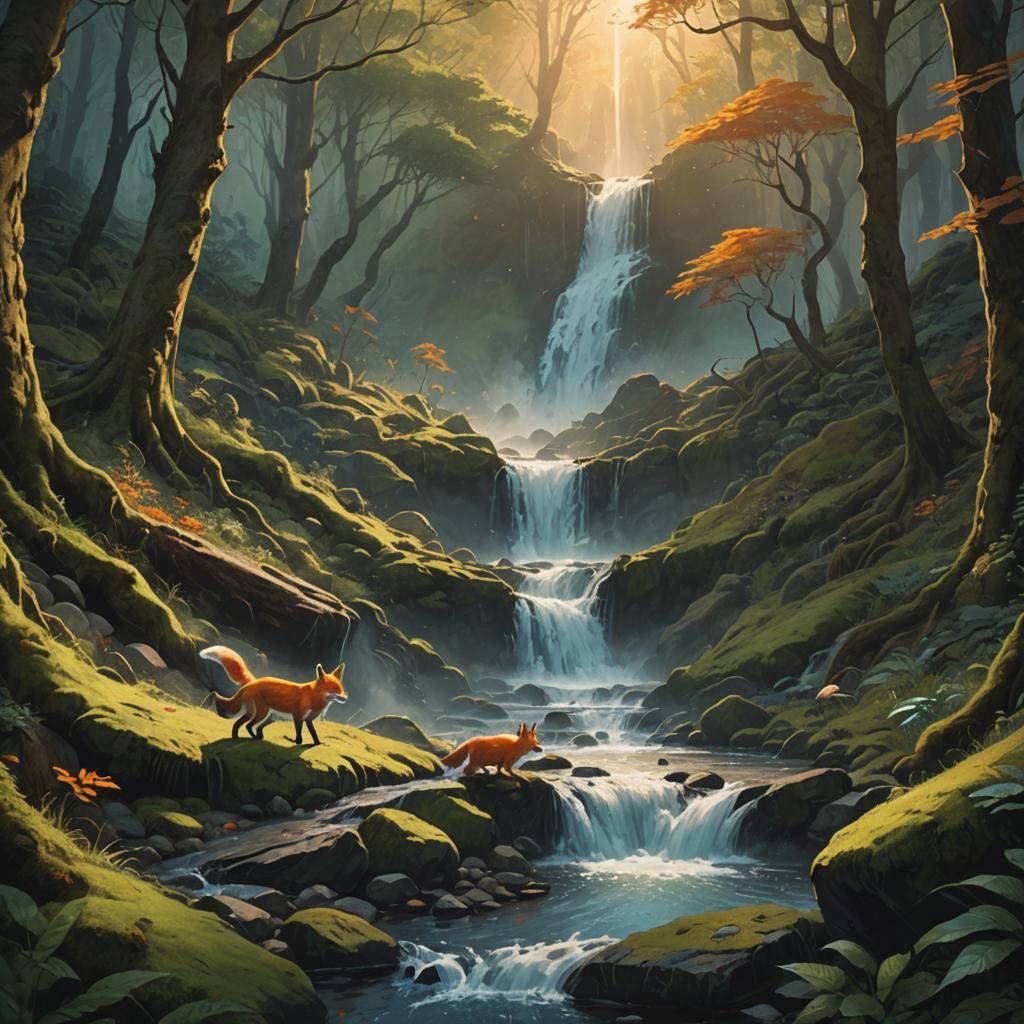 Fox Chasing Bunny in Forest: Fantasy Oil Painting