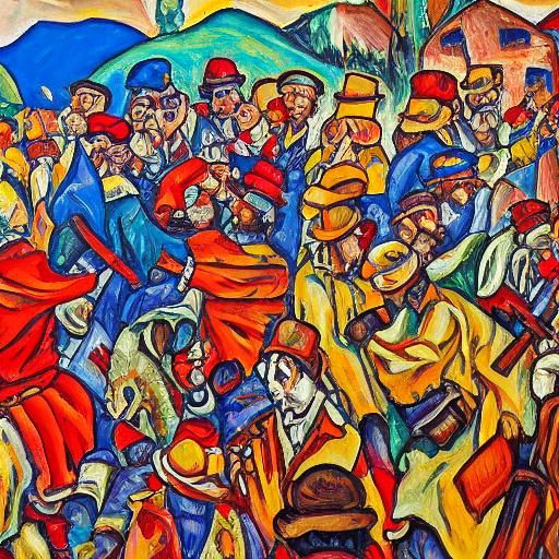 Oktoberfest Clash in Expressionist Folk Art Style