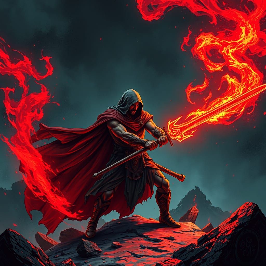 Demonic Figure with Sword Amidst Flames