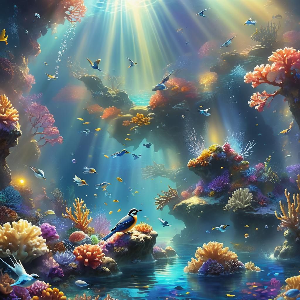 Birds in Coral Reef: Ethereal Fantasy Scene