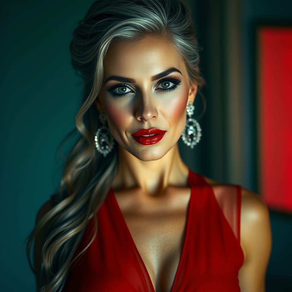 Elegant Woman with Red Lipstick in Cinematic Style