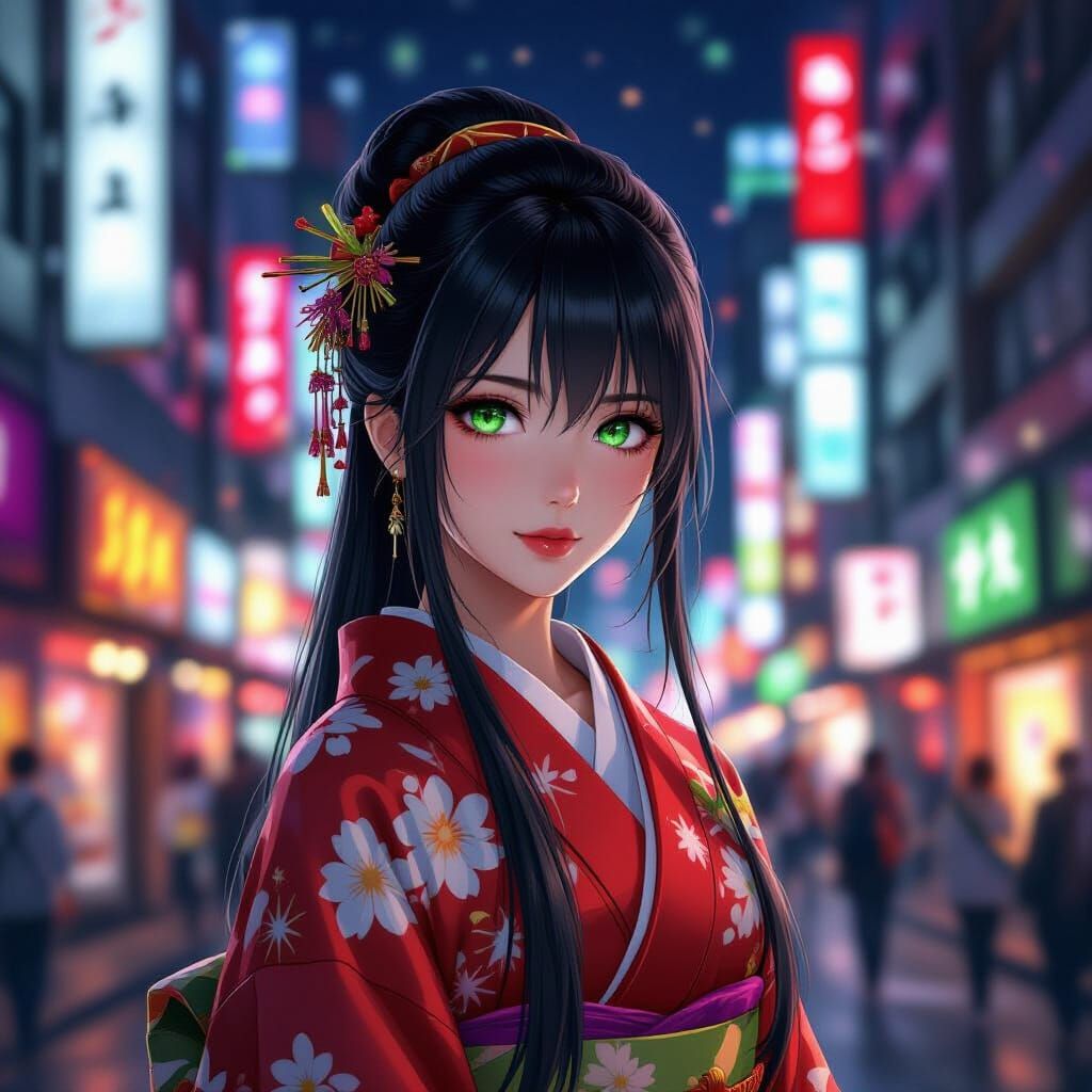 Vibrant Tokyo Street Scene with Woman in Kimono