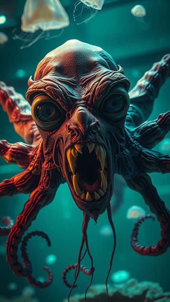 Freaky Octopus Creature in Dimly Lit Aquarium