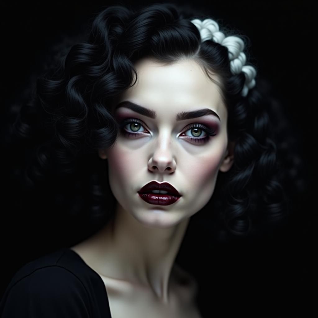 Gothic Portrait of a Woman with Piercing Grey Eyes