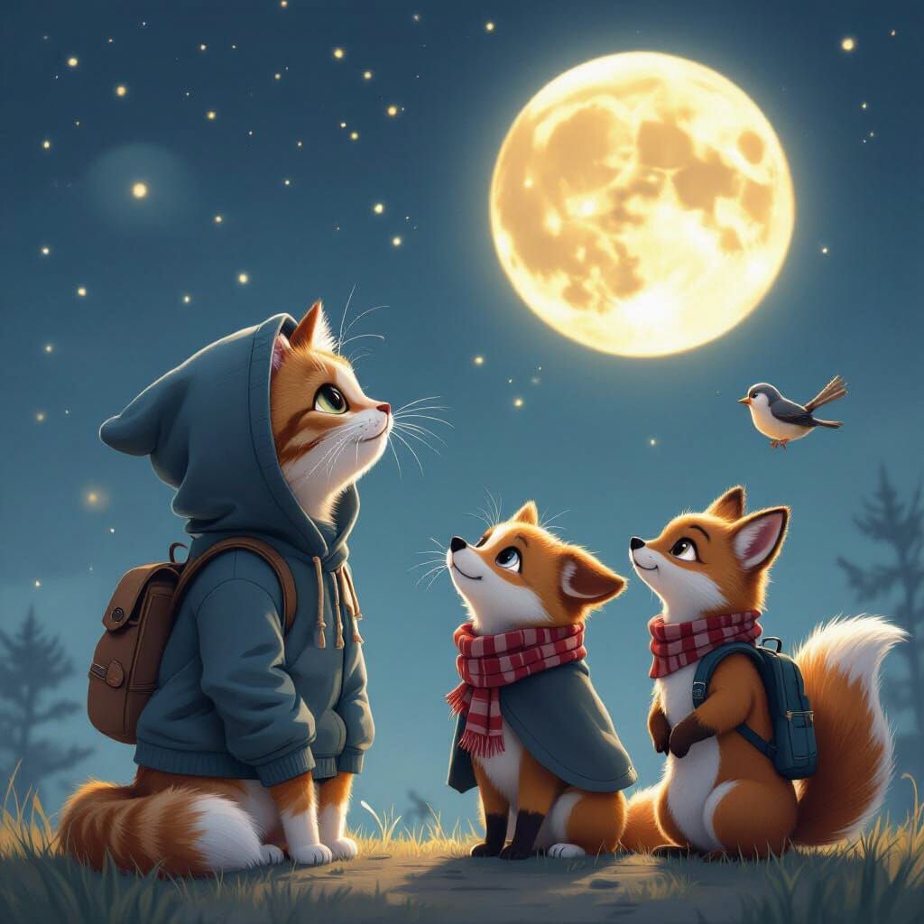 Animals and Girl Admire the Moon, Whimsical Digital Art