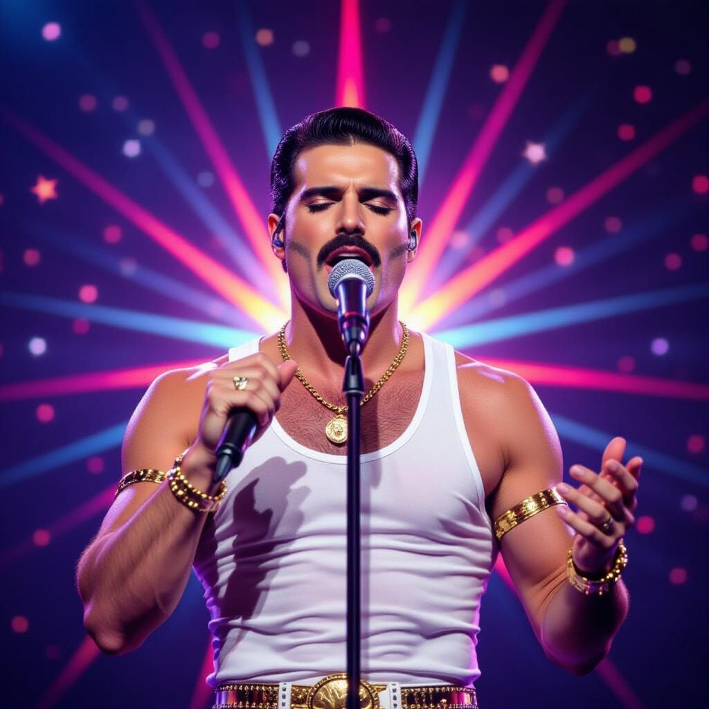 Freddie Mercury stands center frame, singing into a micropho...