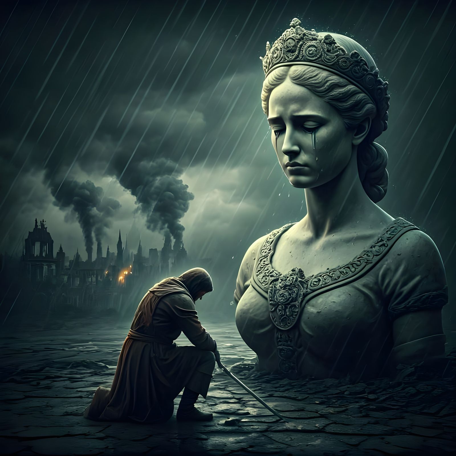 Battle-Worn Warrior kneels before a Tearful Clay Empress