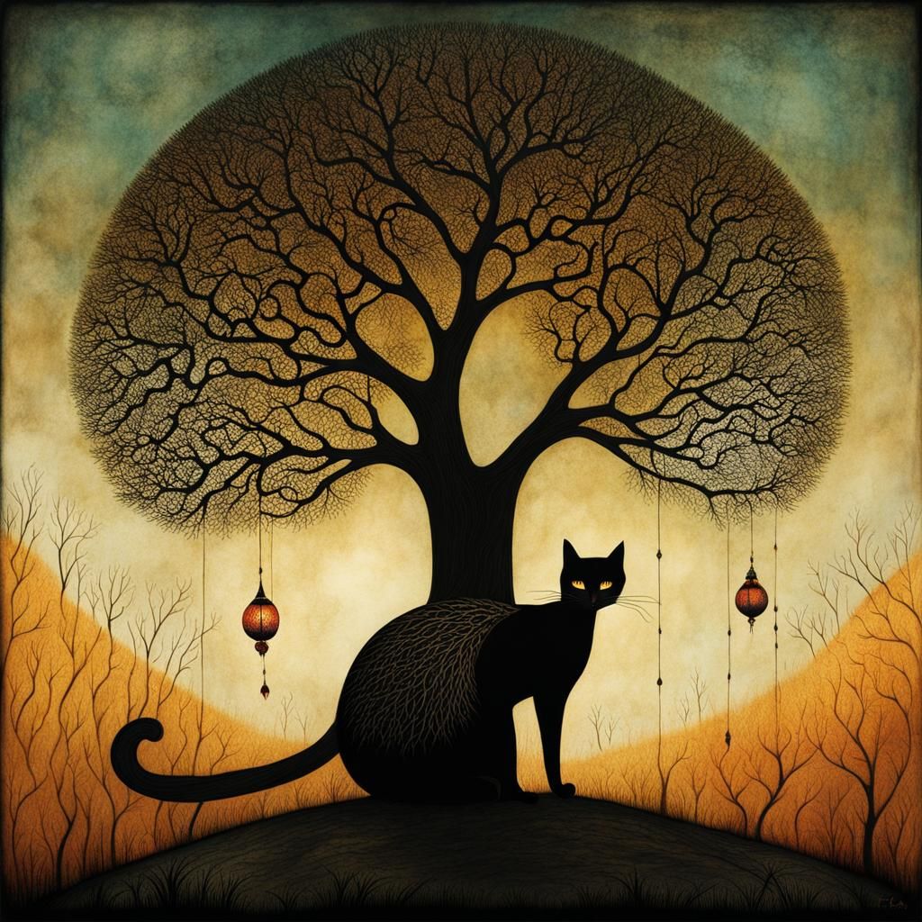 Entangled Woman with Cat: Intricate Art