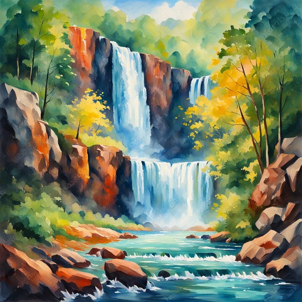Lush Waterfalls in Gouache and Watercolor Style