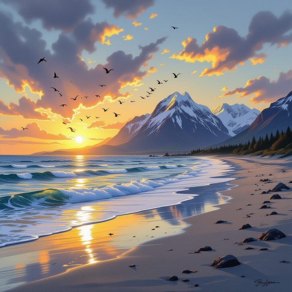 Serene Bay at Sunset in Charcoal Drawing Style