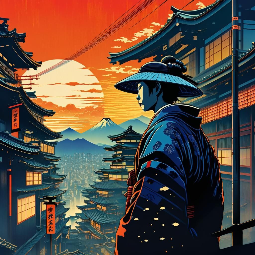 Retro Futuristic Wanderer Basks in Golden Hour Light