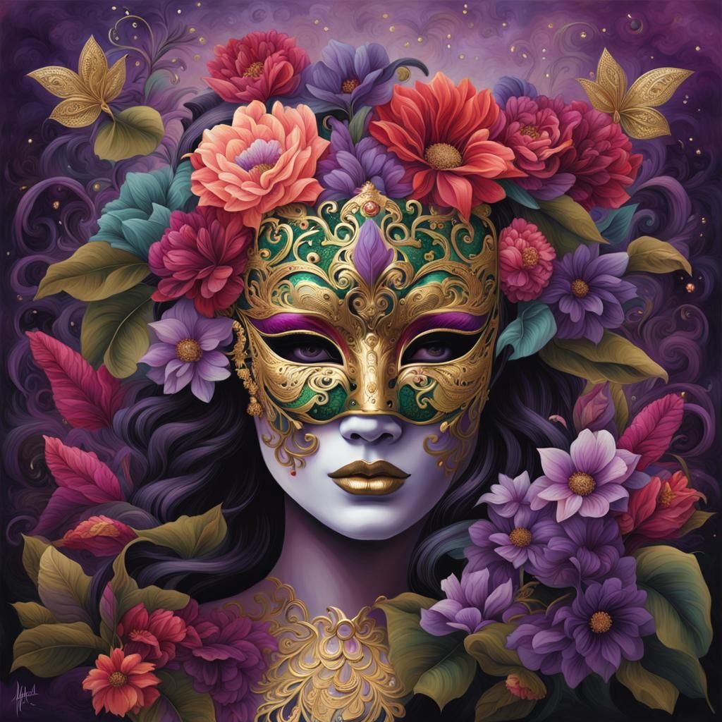 Woman in Venetian Mask: Ink and Acrylic Painting