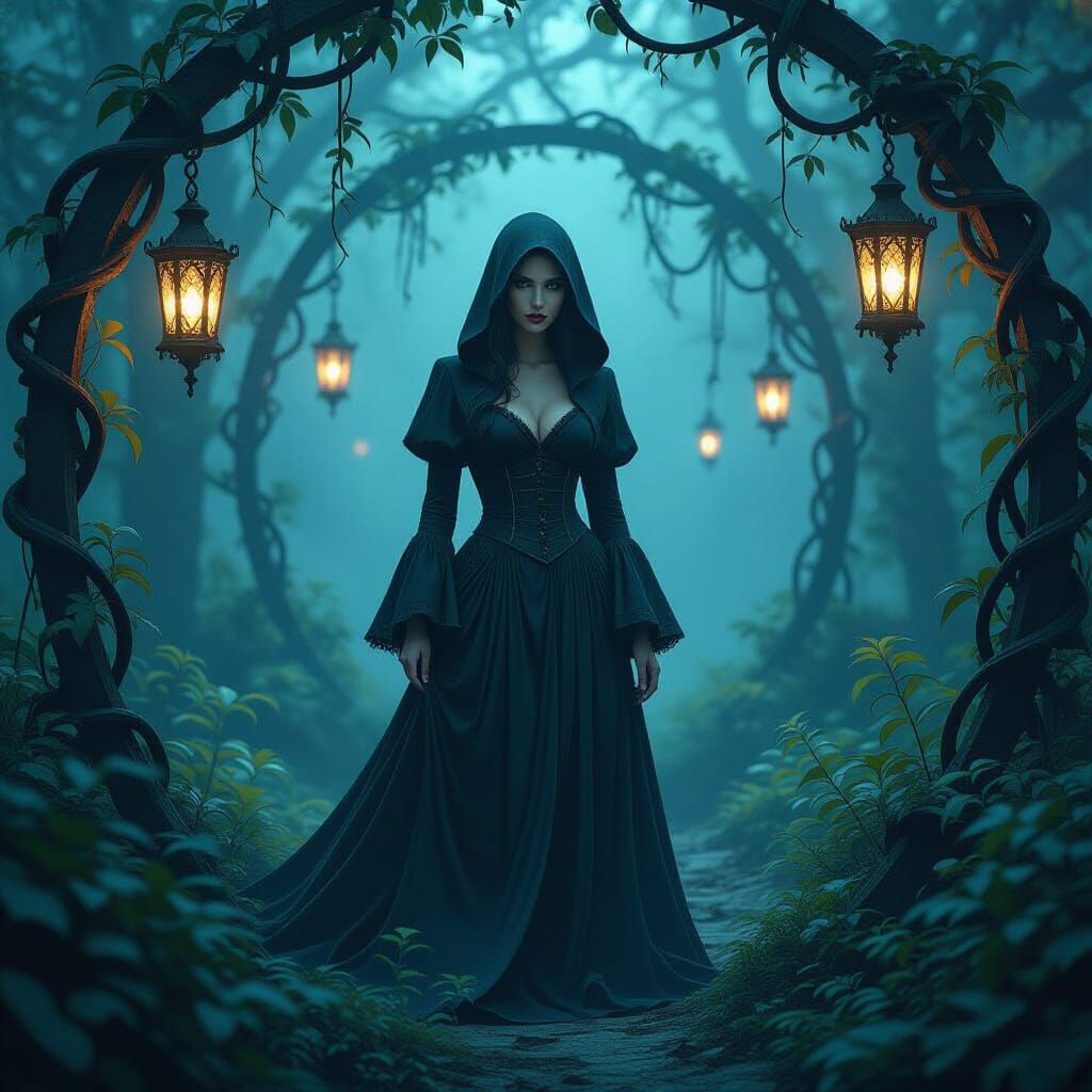 Mysterious Woman in Dark Gothic Fantasy Garden