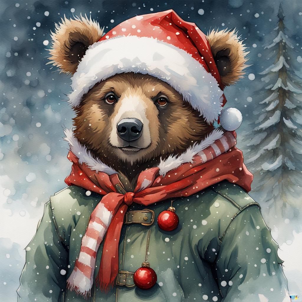 Cute Christmas Bear in Watercolor Style