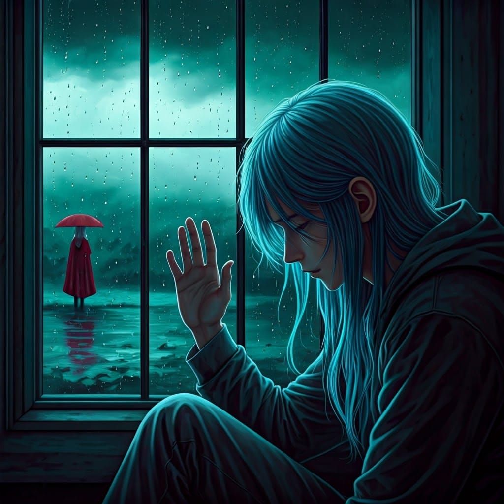 Melancholy Figure Gazing Through Rainy Window