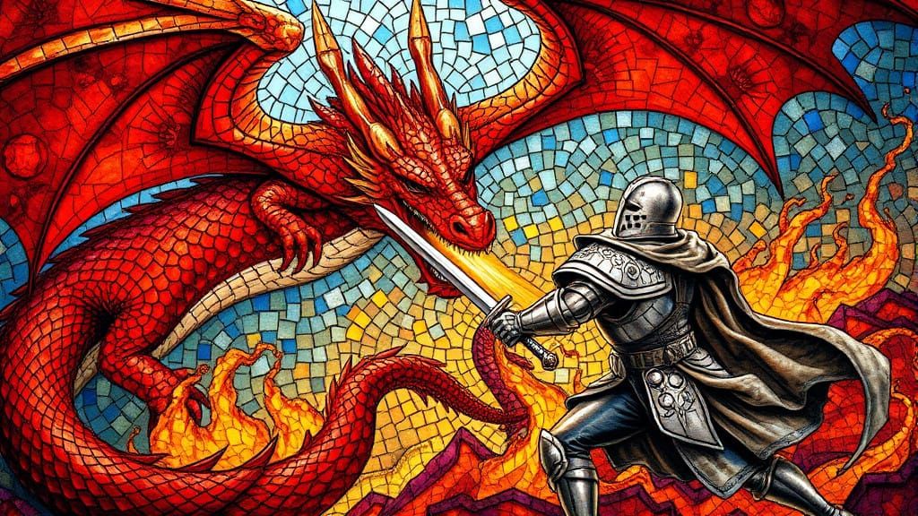 Majestic Red Dragon Engages Valiant Knight in Glass Mosaic A...