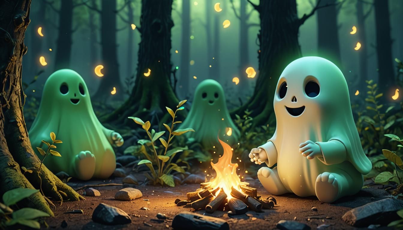 Cute Ghost by Campfire in Dark Woods: Pixar-style 3D Art