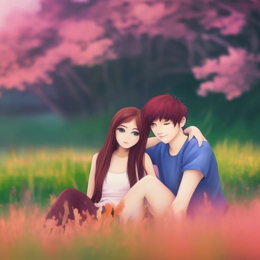 Anime-Style Watercolor of Couple in Flower Field