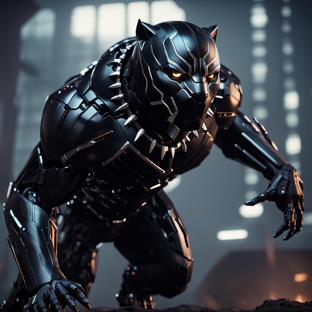 Futuristic Black Panther with Intricate Mech Details