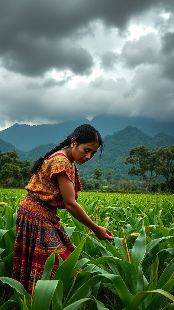 Guatemalan Woman in Cornfield, Dramatic Storm Painting