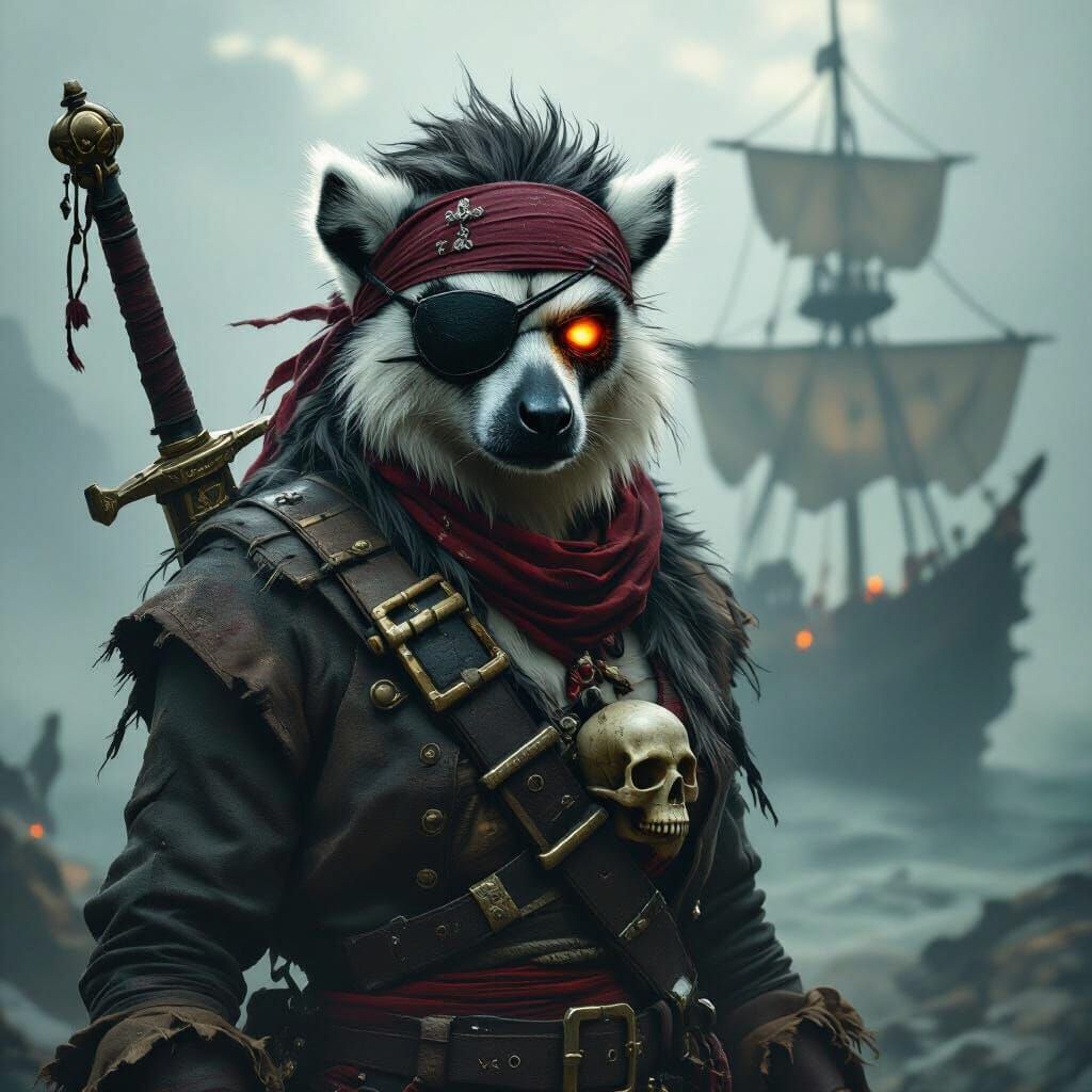 Lemur Pirate with Skull Armor in Dark Fantasy Style