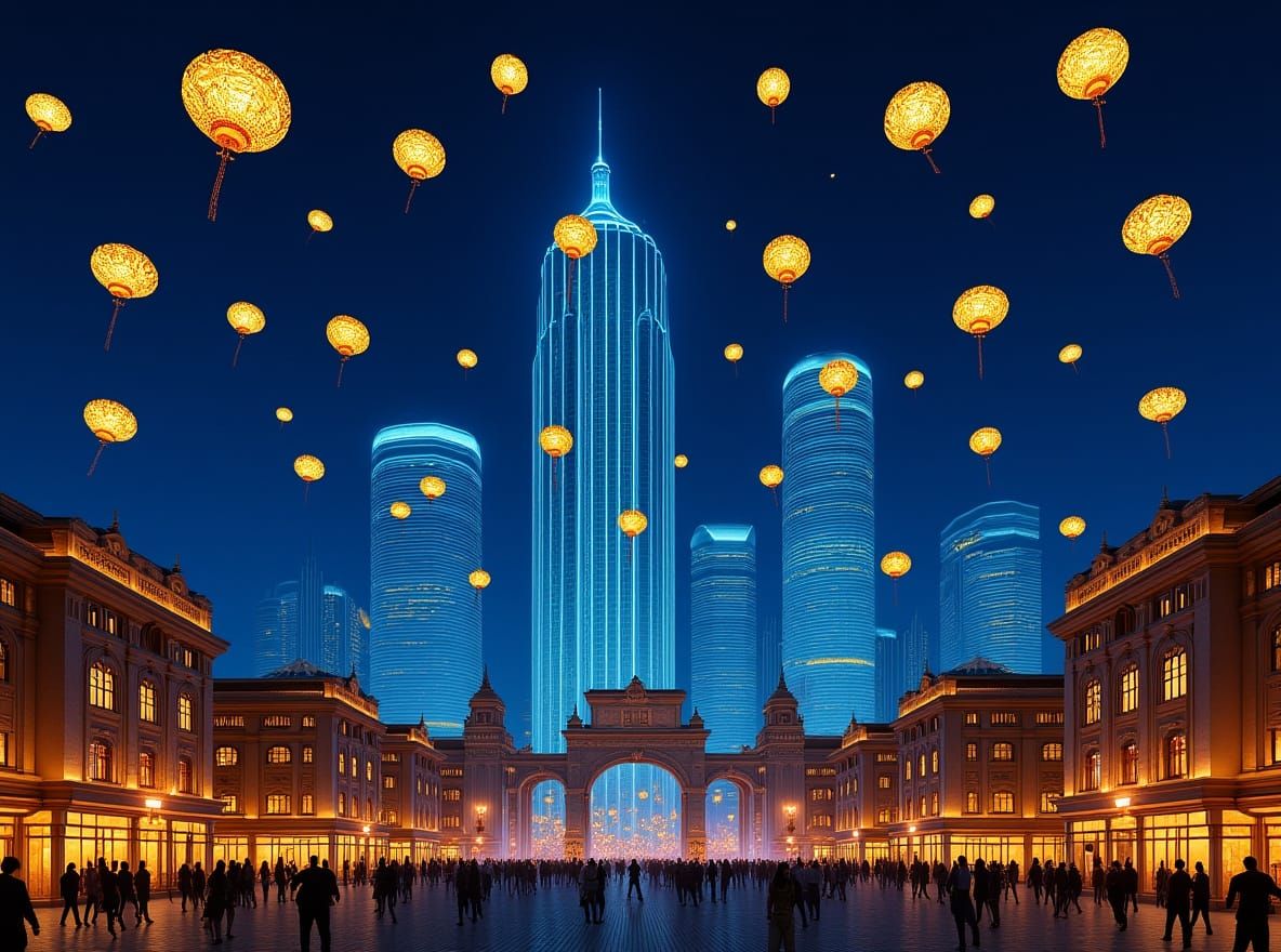Futuristic City Festival with Glowing Lanterns