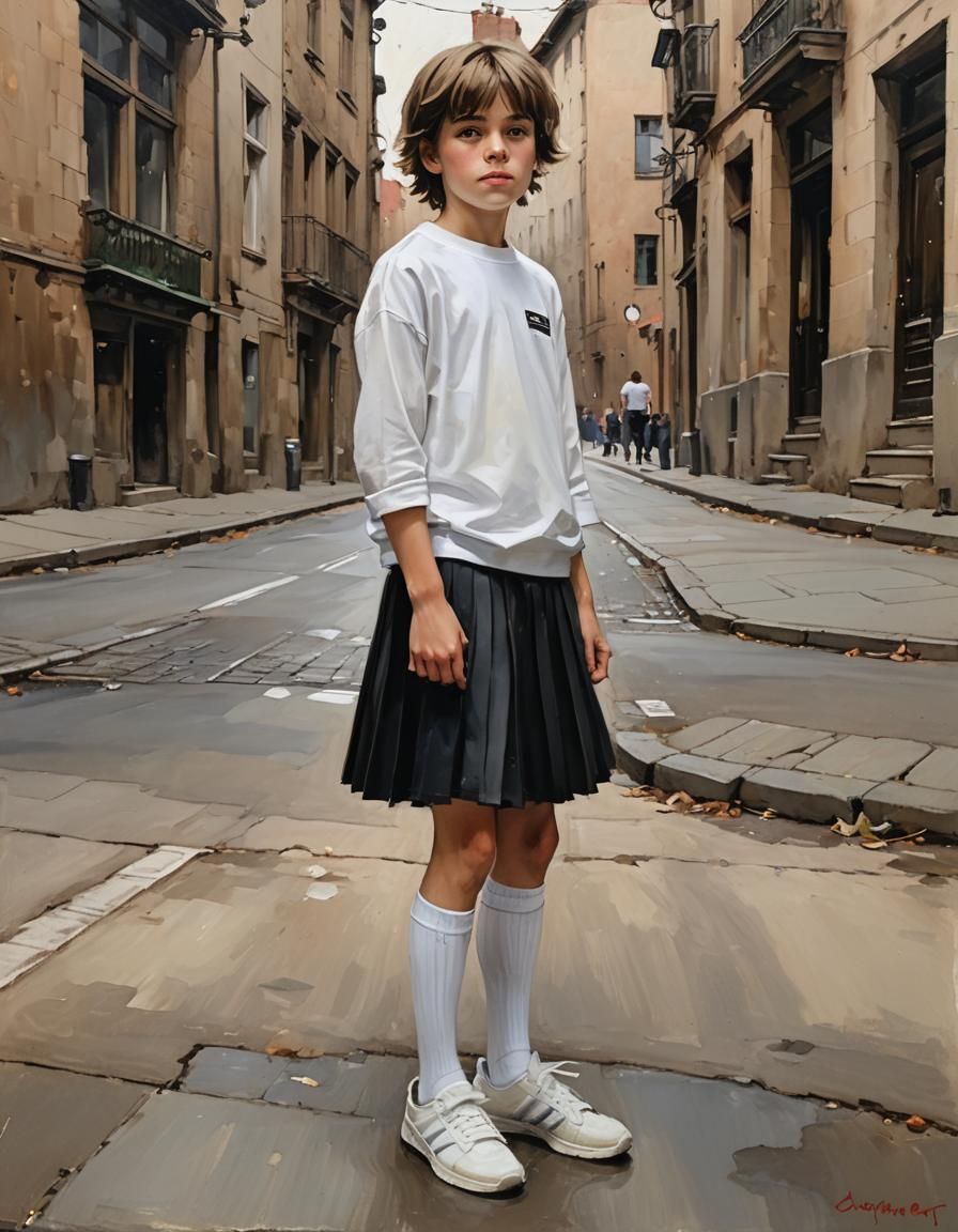 Boy in Skirt: Oil Painting in Classical Style