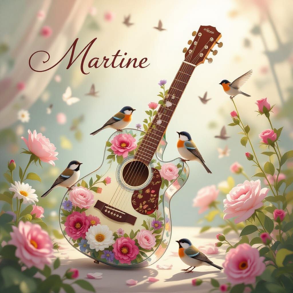 Glass Guitar With Flowers, Birds, and "Martine" Signature