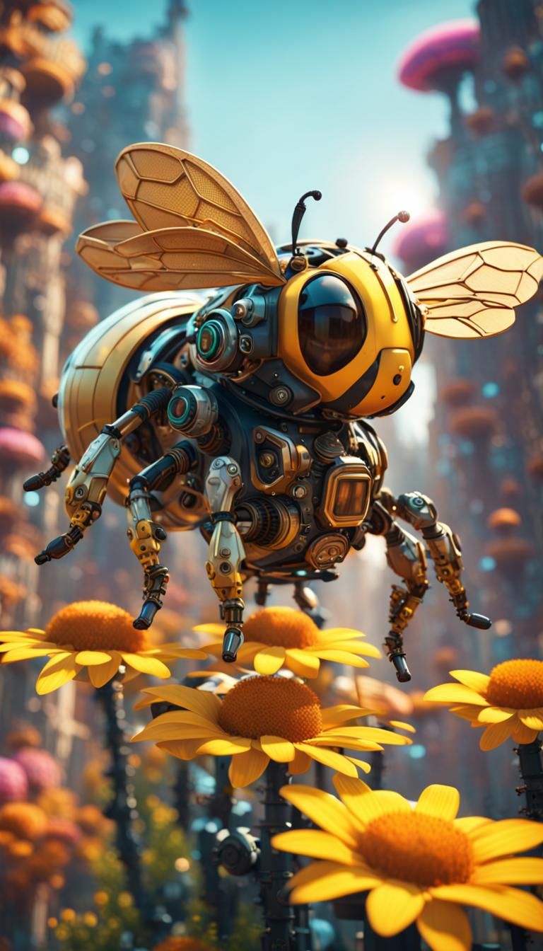 Mechanical Bee Flying Through Flower City: Solar Punk Art