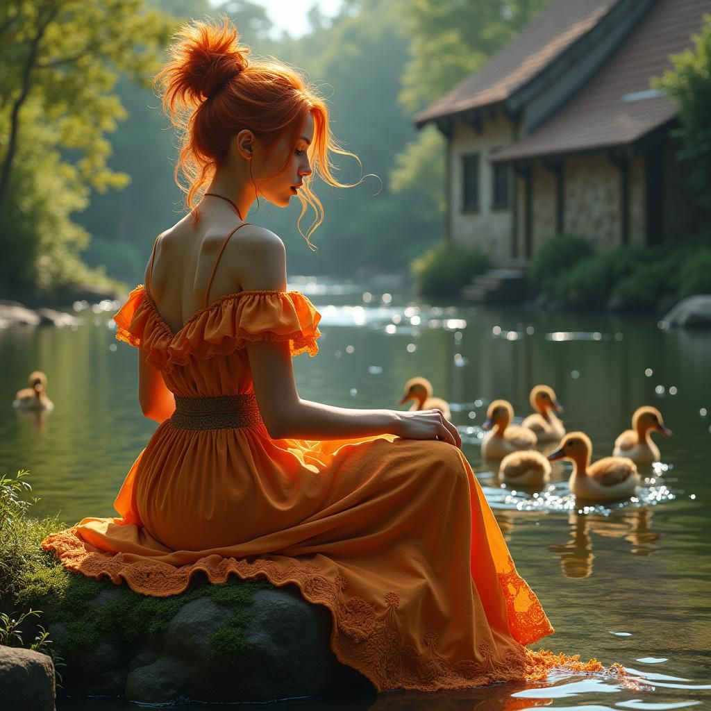 Bohemian Woman with Orange Hair by River