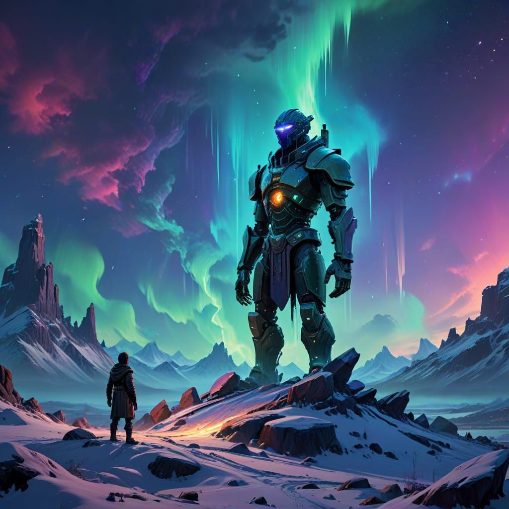 Humanoid Inukshuk Under Vibrant Aurora Borealis