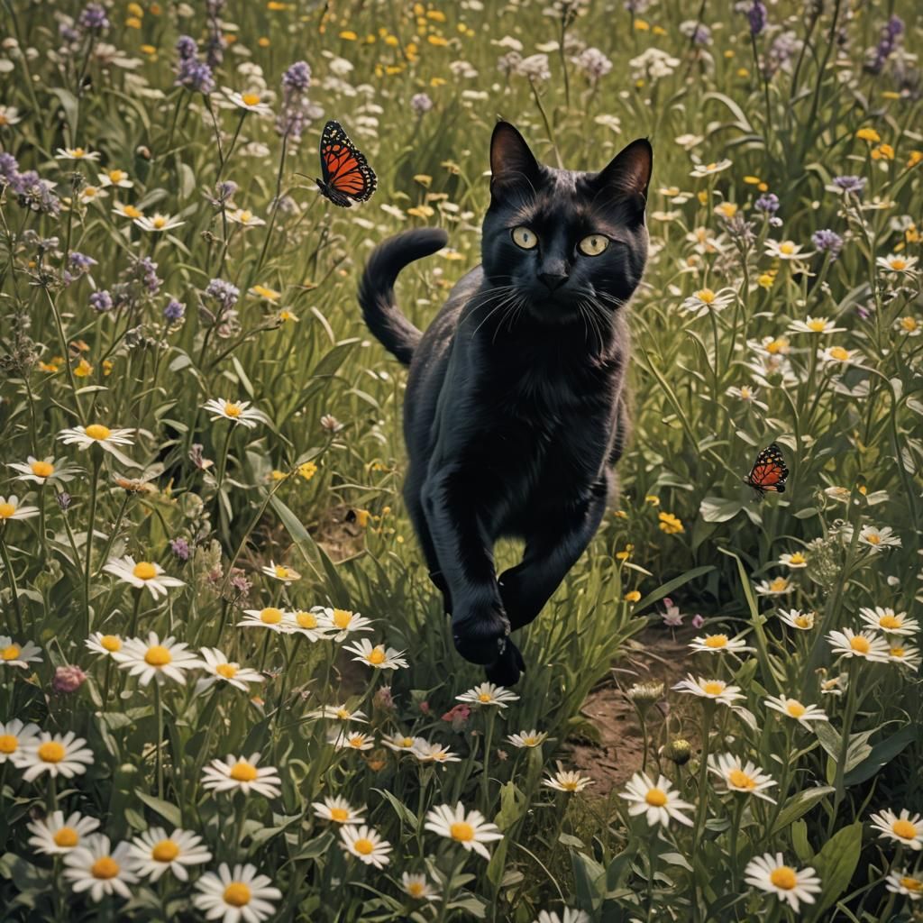Black Cat Chasing Butterfly in Flower Field, 3D Render