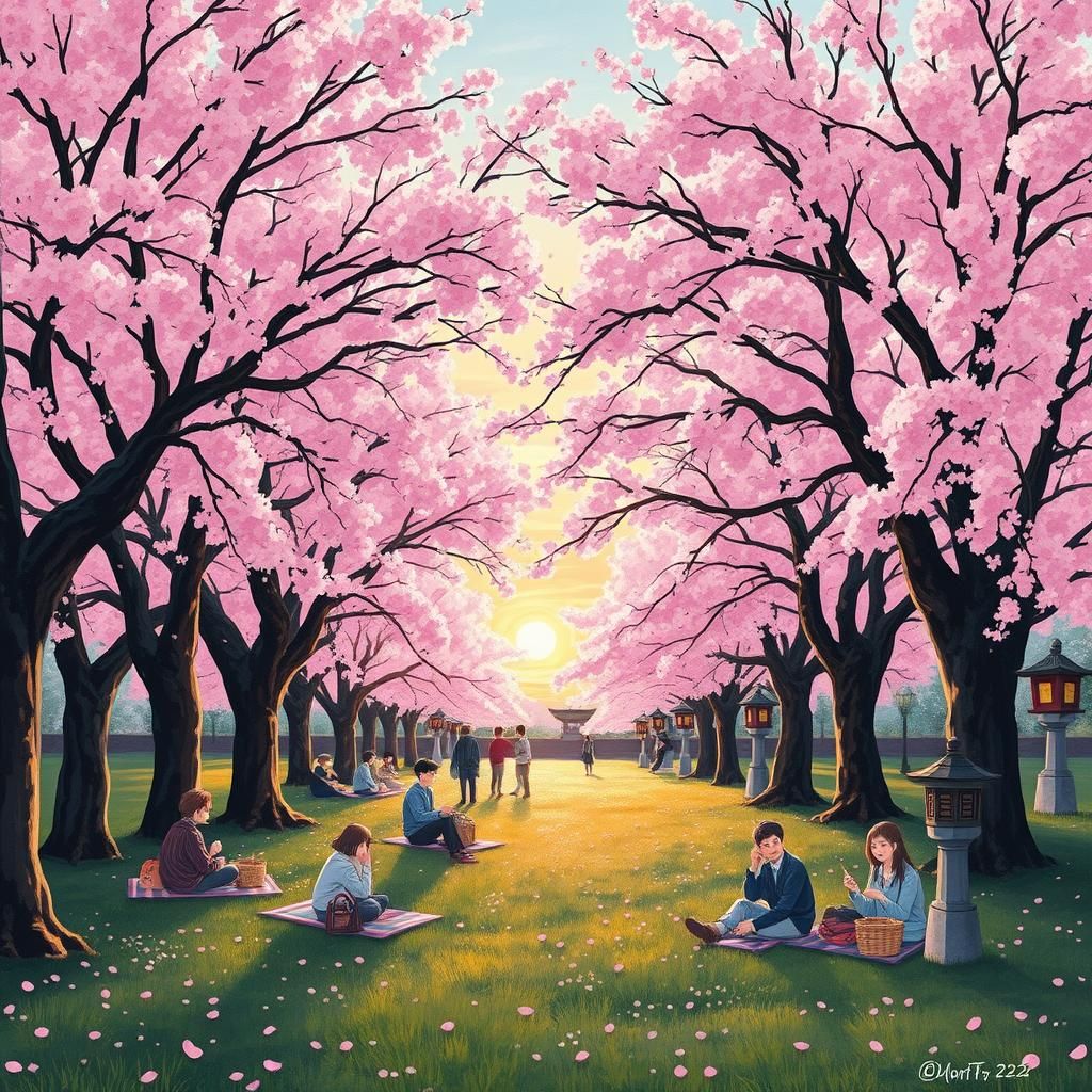 Cherry Blossom Sunset: Impressionistic Japanese Park Scene