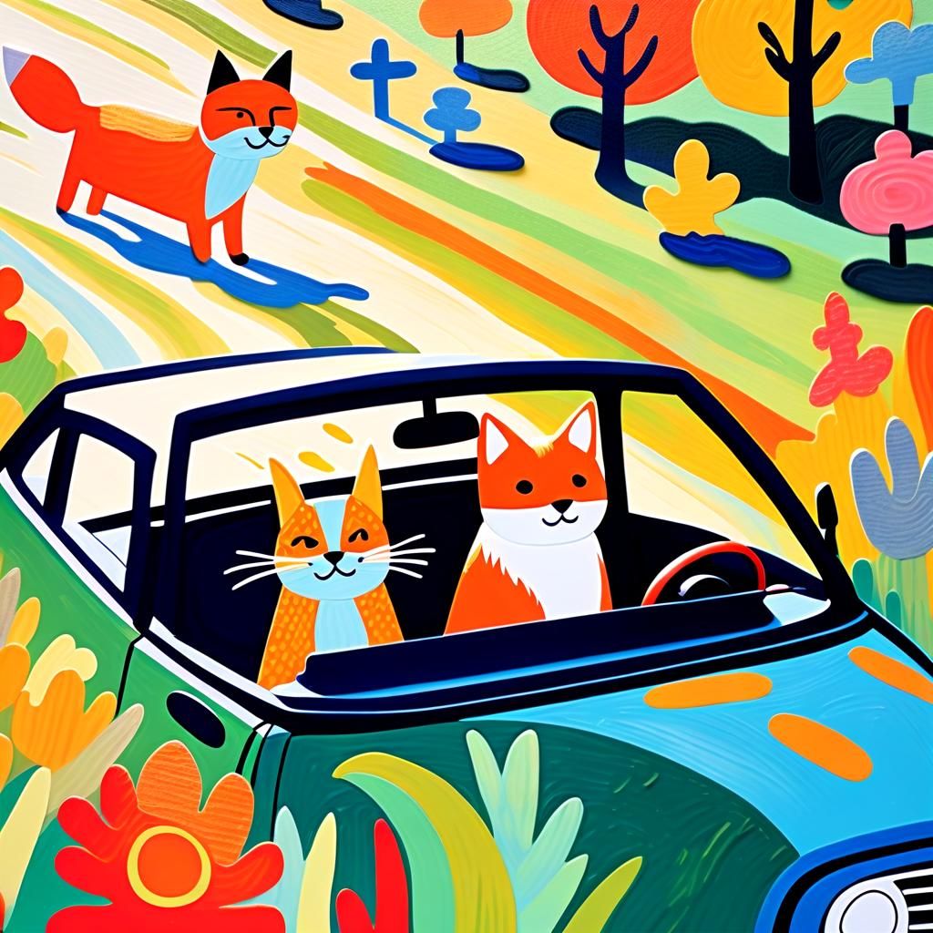 Animals on Road Trip in Impressionistic Style