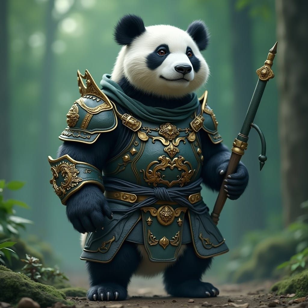 Majestic Panda in Mythical Armor Stands on Four Legs