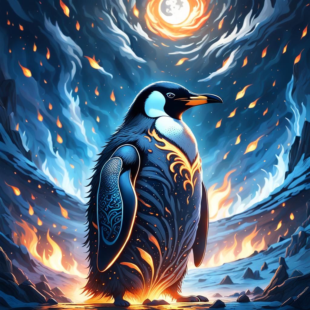 Penguin Stands Amidst Apocalyptic Firestorm