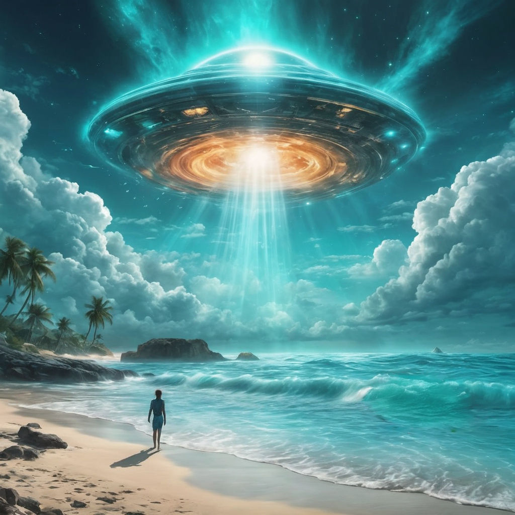 Epic Beach UFO Arrival in Teal Skies