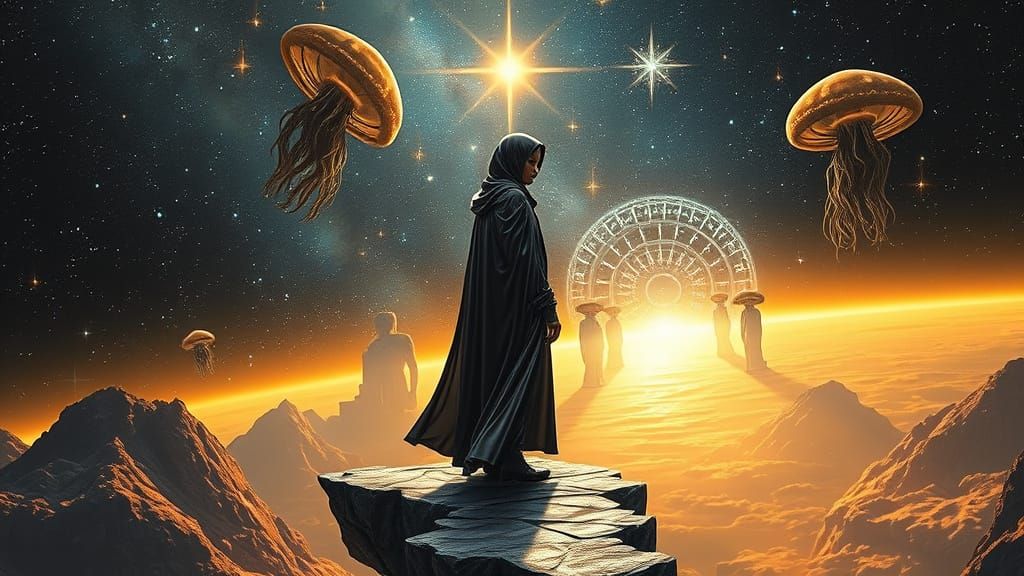 Androgynous Cosmic Guardian Unfolds Celestial Tapestry